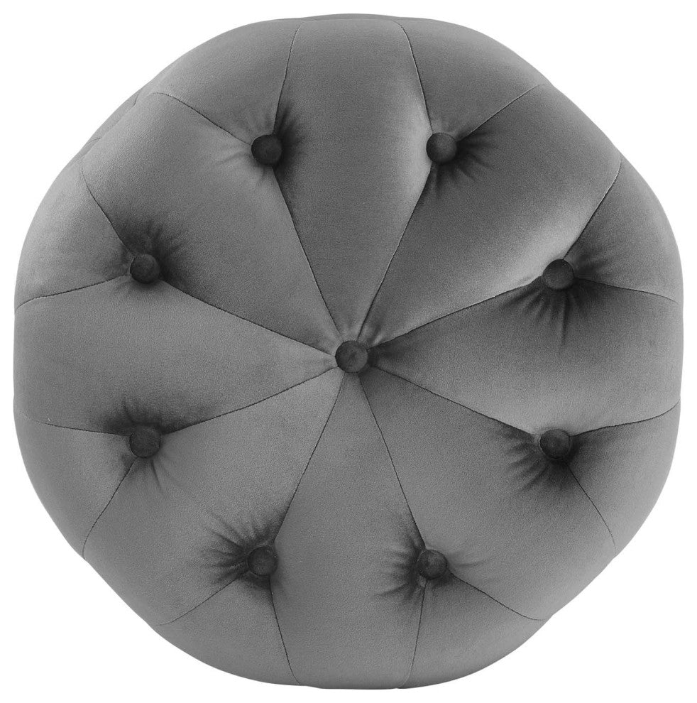 Tufted Accent Chair Ottoman, Round, Velvet, Gray, Modern, Lounge