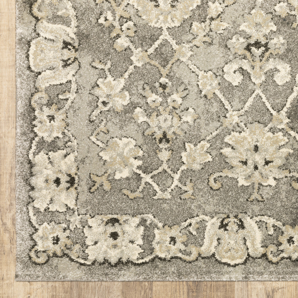 Fleming Distressed Floral Panel Grey and Beige Area Rug, 5'3"x7'6"