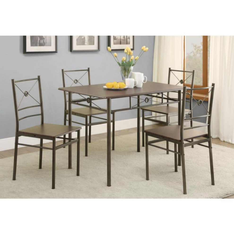 5 Piece Rectangular Dining Set, Dark Bronze and Walnut