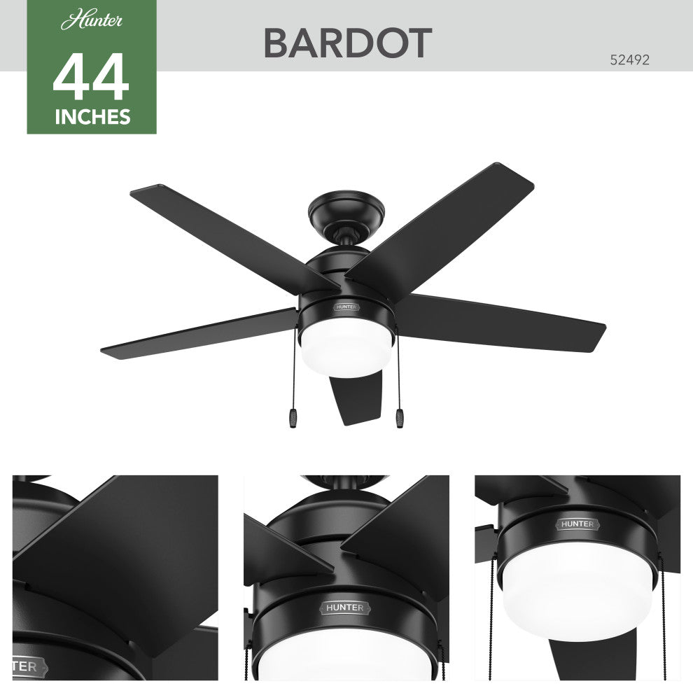 Hunter 44" Bardot Matte Black Ceiling Fan, LED Kit, Pull Chain