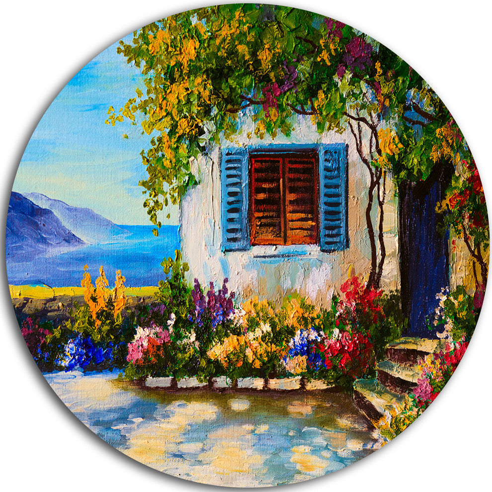 House Near Sea Oil Painting, Landscape Painting Round Wall Art, 11"
