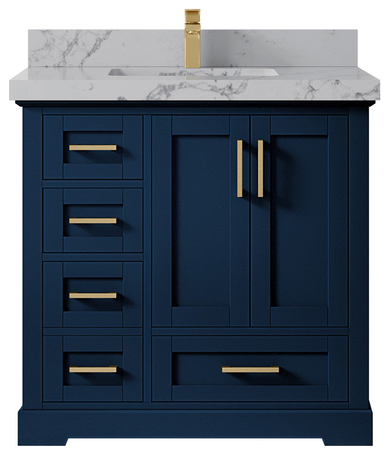 Boston 36 Center Sink Bath Vanity in Navy Blue 2" Venatino Quartz