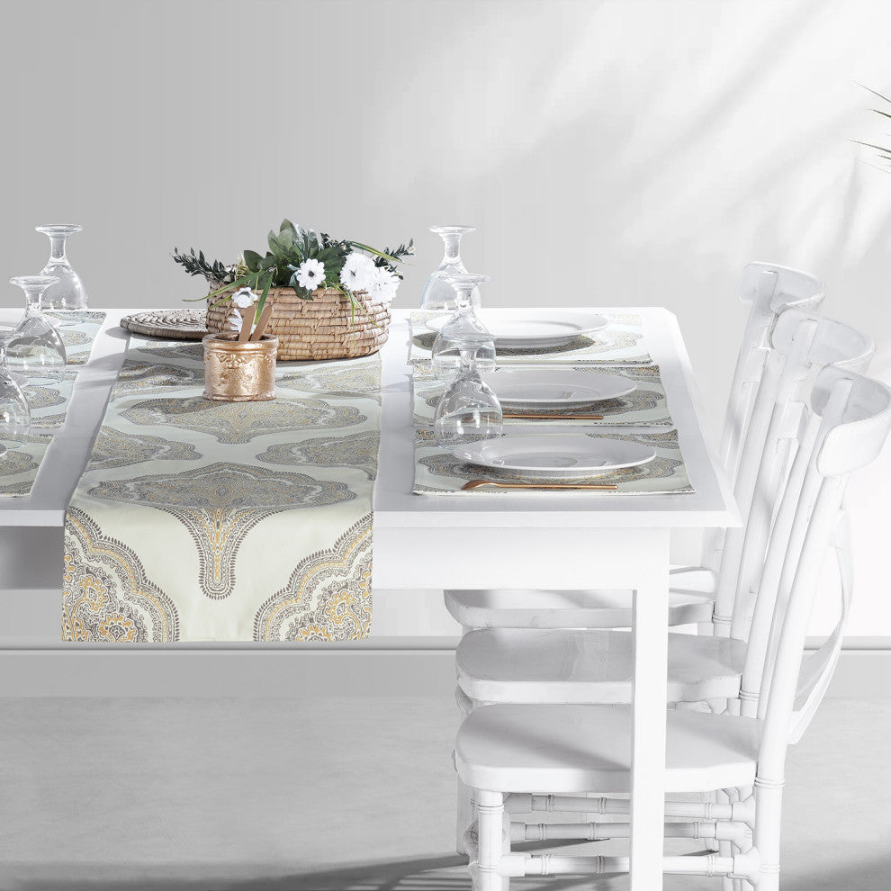Arabesque Printed Cotton Table Runner and Placemats, Arabesque Tan