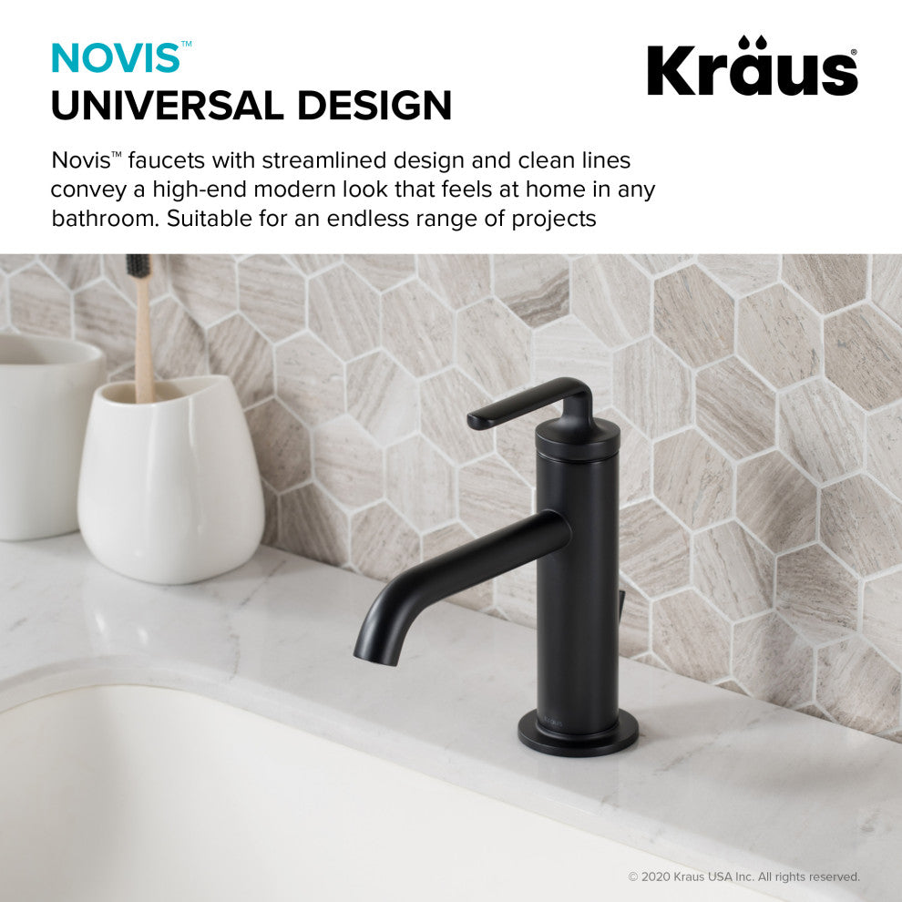 Kraus Ramus Single Handle Basin Faucet, Lift Rod Drain, Matte Black, Set of 2