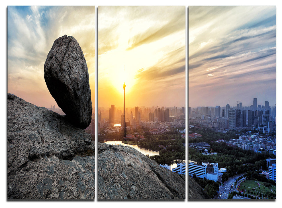 "Buildings and Crag on Rock Panorama" Wall Art, 3 Panels, 36"x28"