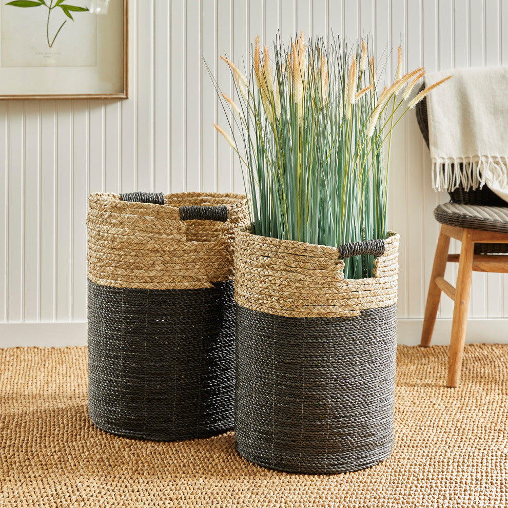Set 2 Contemporary Casual Natural Black Round Tall Tote Baskets Handles Large