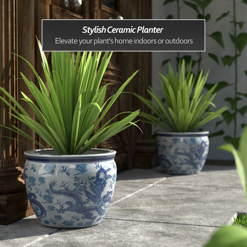 14" Dragon Blue and White Porcelain Fishbowl