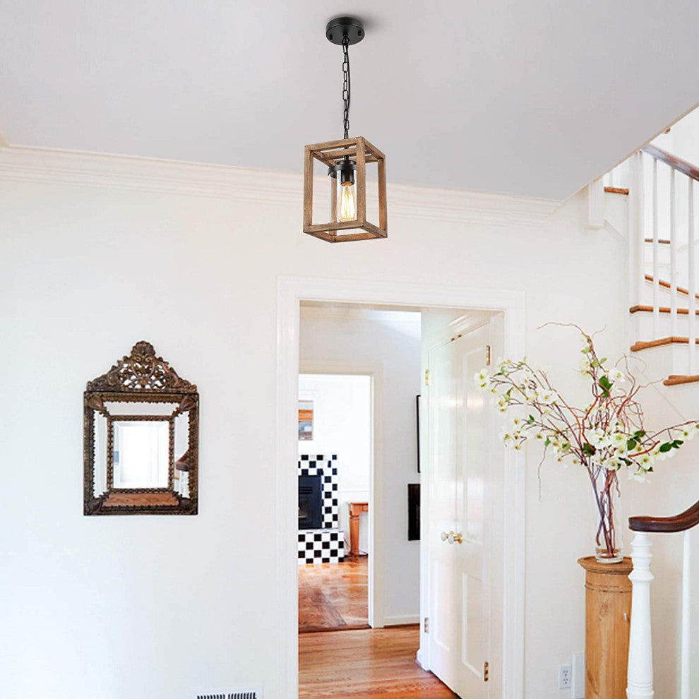 Wooden Square Pendant Lighting Fixtures Cage Swag Hanging Chandelier