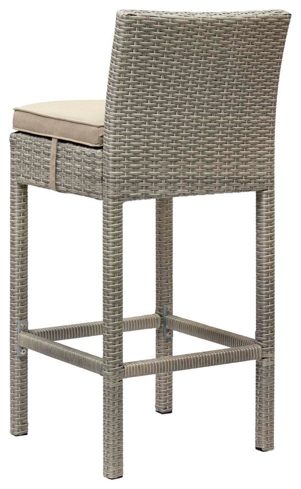 Contemporary Outdoor Patio Bar Stool Chair, Set of Two, Fabric Rattan, Beige