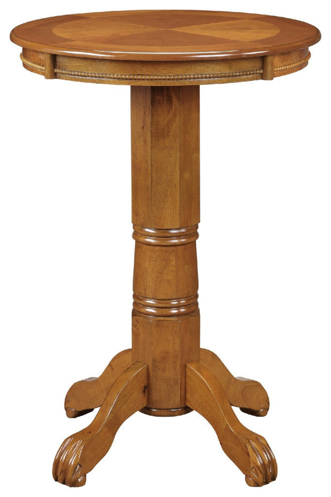 Benzara BM274269 42" Wood Pub Bar Table, Sunburst Design, Carved Pedestal, Oak