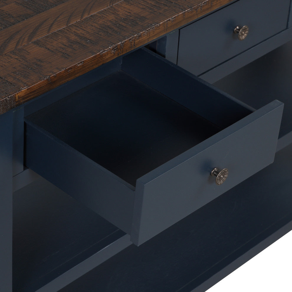 TATEUS 48" Solid Pine Wood Console Table with Storage Drawers, Blue