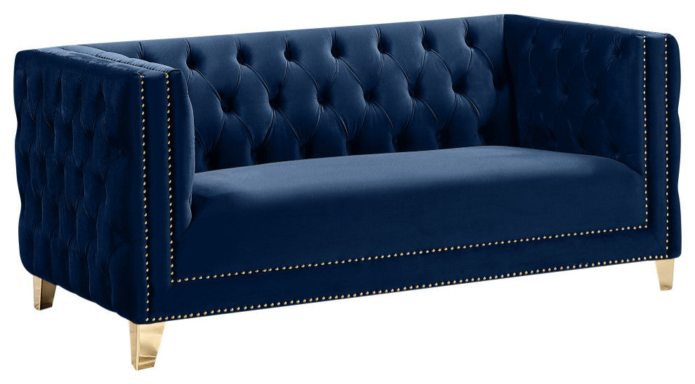 Michelle Fabric Upholstered Chair, Gold Iron Legs, Navy, Velvet, Loveseat