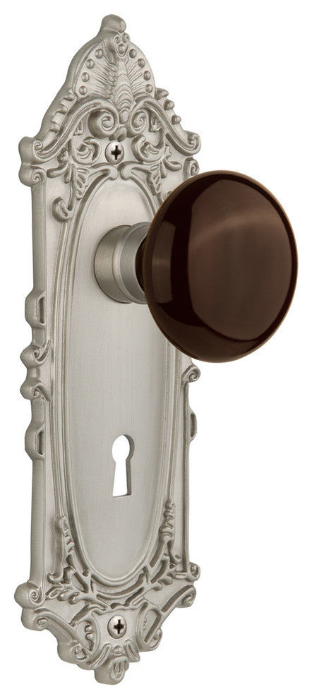 Double Victorian Plate With Brown Porcelain Knob, Satin Nickel
