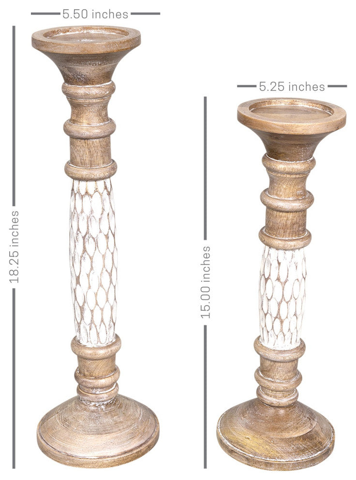 Set of Two White Wooden Carved Candle Holders