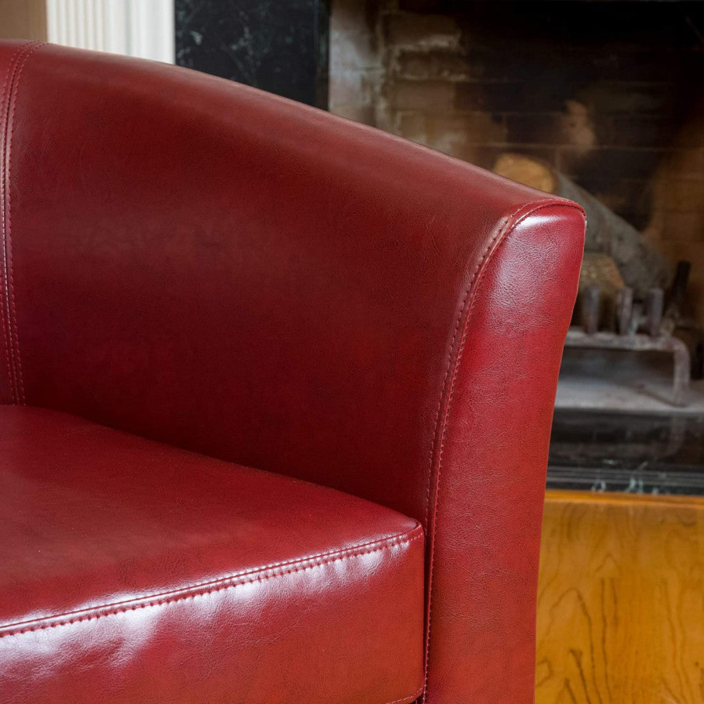 Elegant Oxblood Red Club Chair with Cushioned Bonded Leather and Padded Back