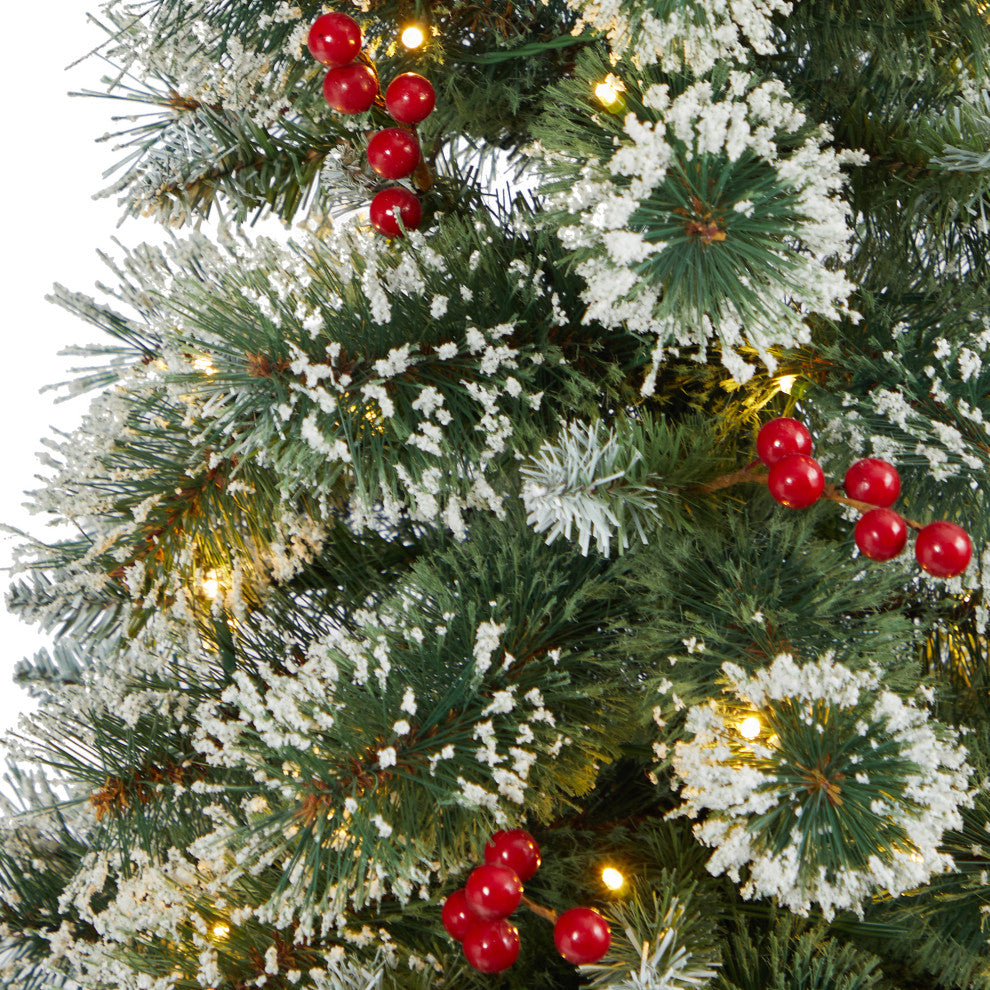 52" Frosted Swiss Pine Faux Xmas Tree W/100 Clear Lights & Berries, Red Planter