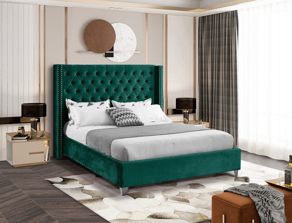 Ames Velvet Bed, Green, Queen