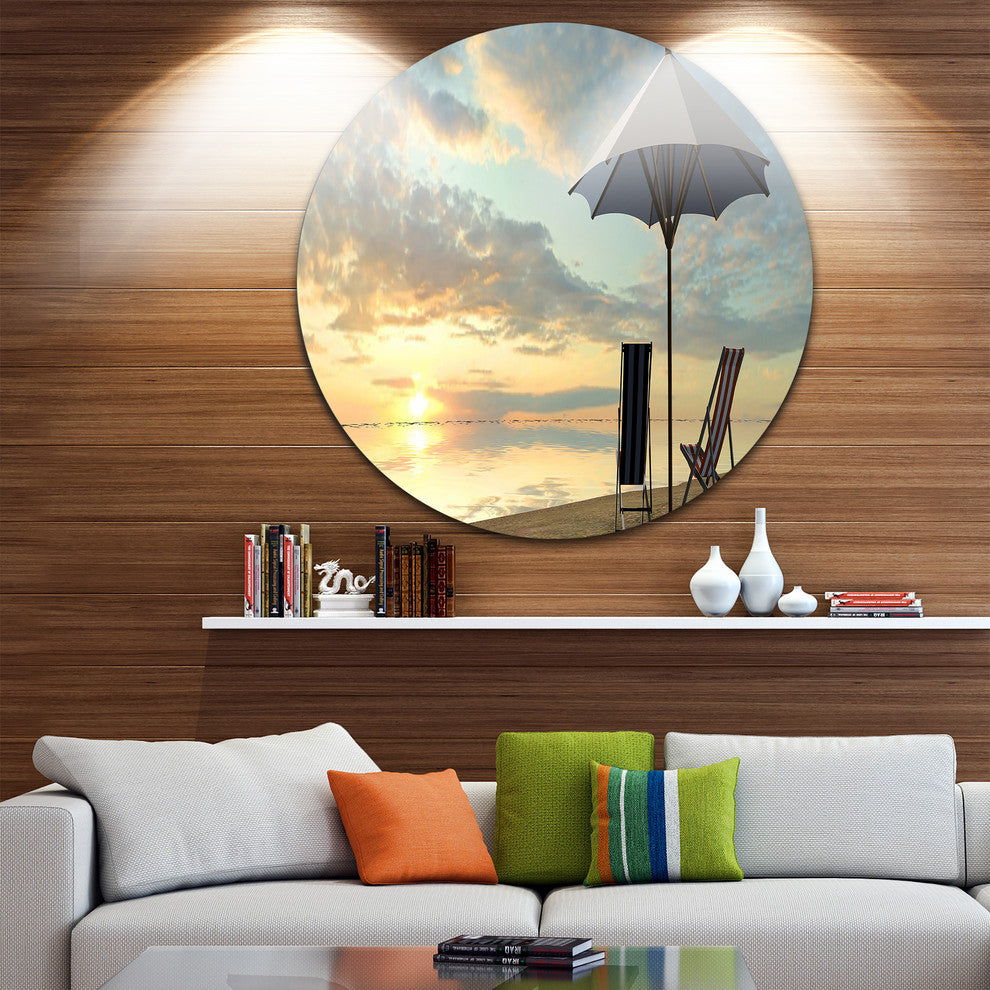 Deck Chairs And Umbrella On Beach, Seascape Disc Metal Wall Art, 23"
