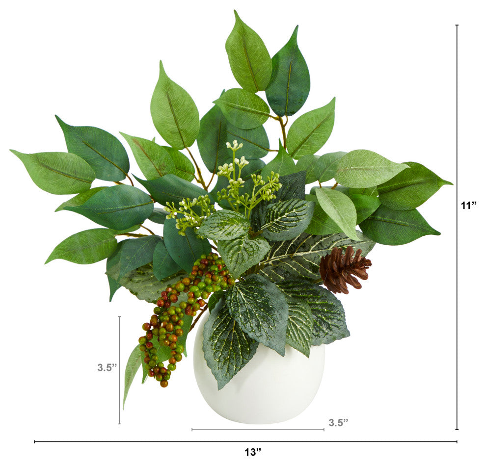 13" Mixed Greens Artificial Plant, White Planter