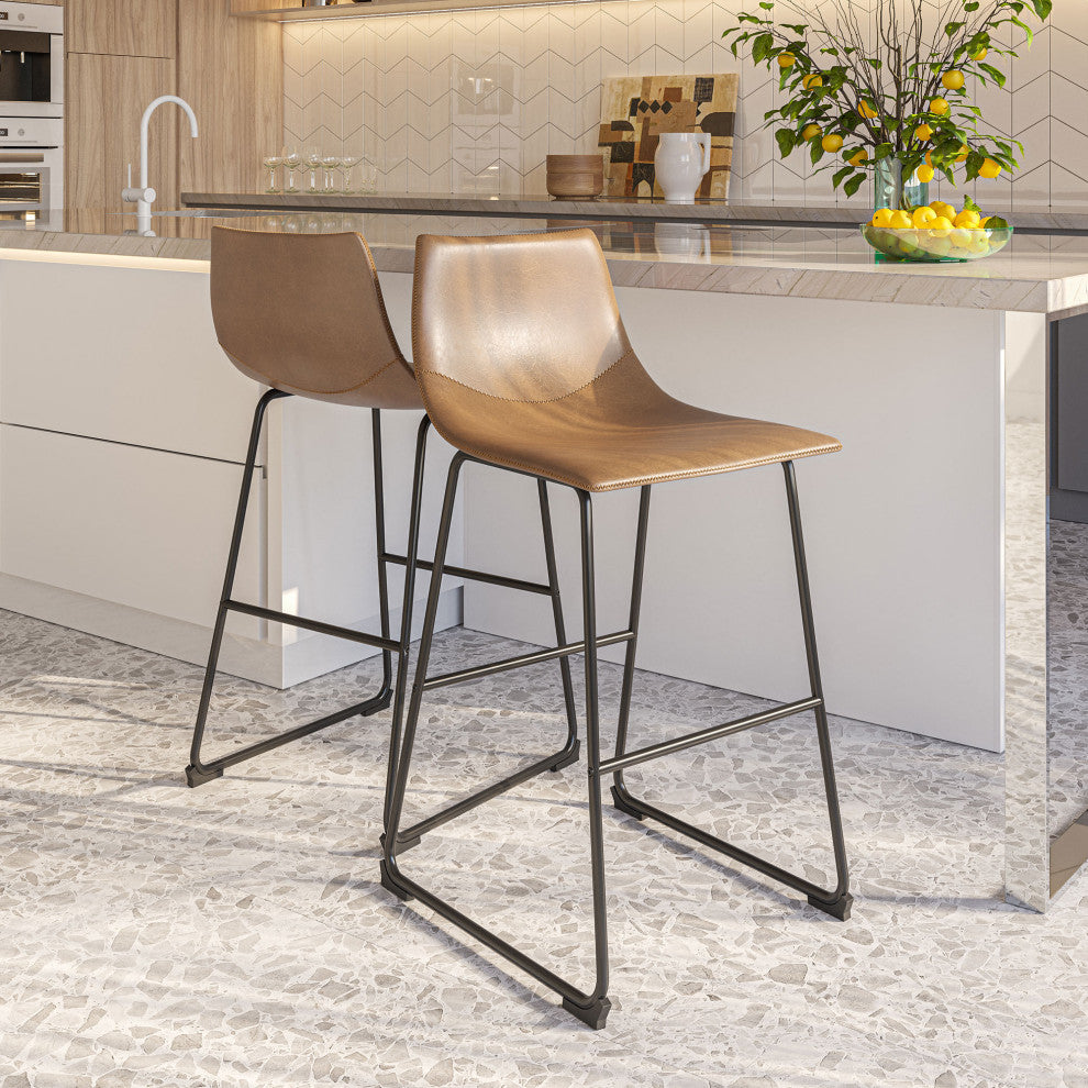 Modern Upholstered Faux Leather Barstools, Whiskey Brown