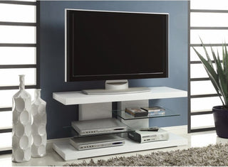 Benzara BM156158 Charming White Tv Console With Alternating Glass Shelves
