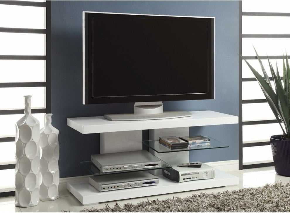 Benzara BM156158 Charming White Tv Console With Alternating Glass Shelves