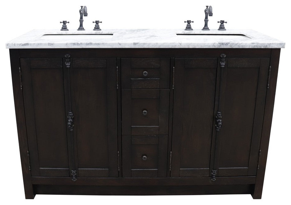 55" Double Vanity, Brown Ash Finish With White Carrara Top