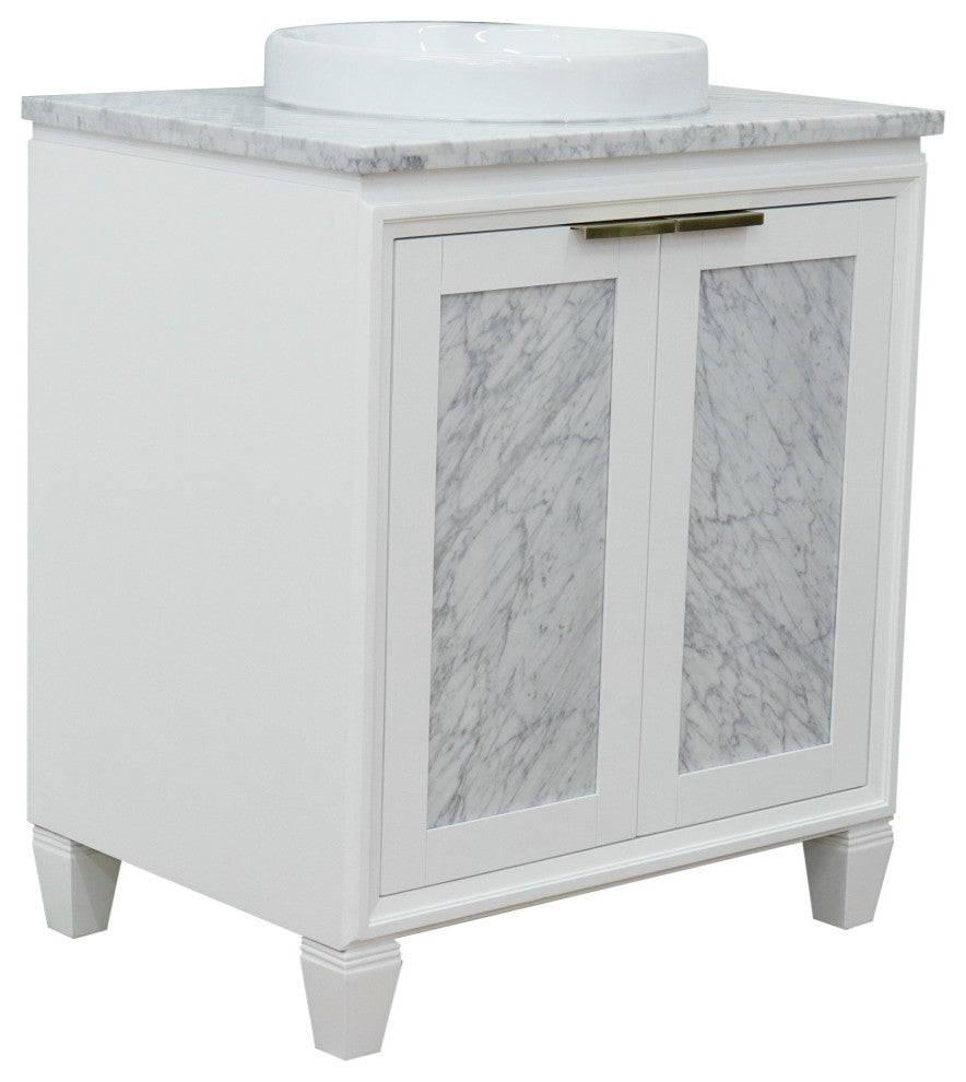 31" Single Sink Vanity, White Finish With White Carrara Marble With Round Sink