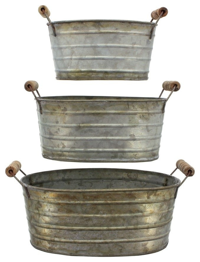 Metal Planter Tubs, Set of 3 Planters With Wooden Handles