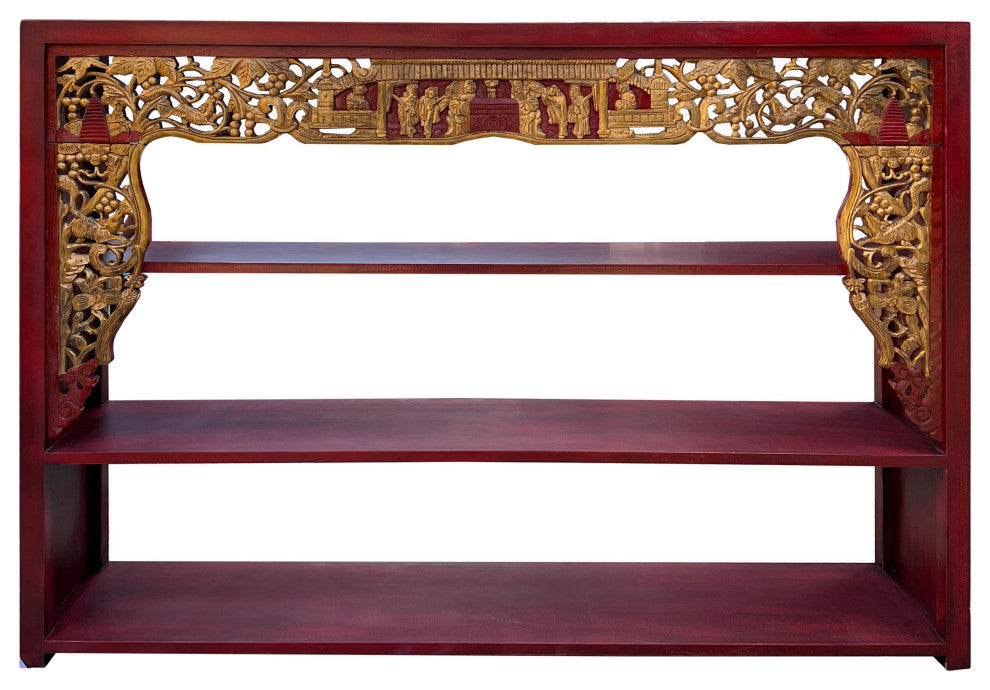 Chinese Red Golden Carving Rectangular Curio Display Stand Side Table Hcs7654