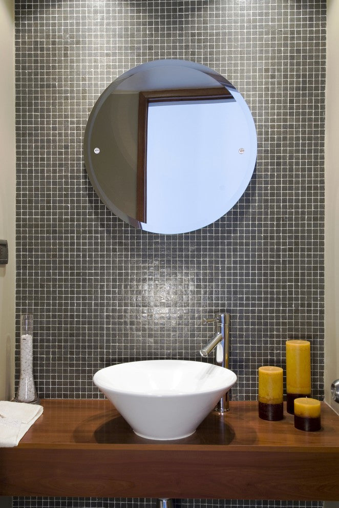 Frameless Round Tilt Mirror with Beveled Edge, Satin Nickel