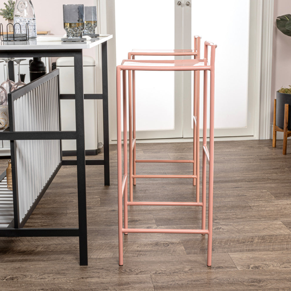 Svelte Coastal Contemporary Iron Saddle-Seat Low-Back Bar Stool With Foot Rest, Pink