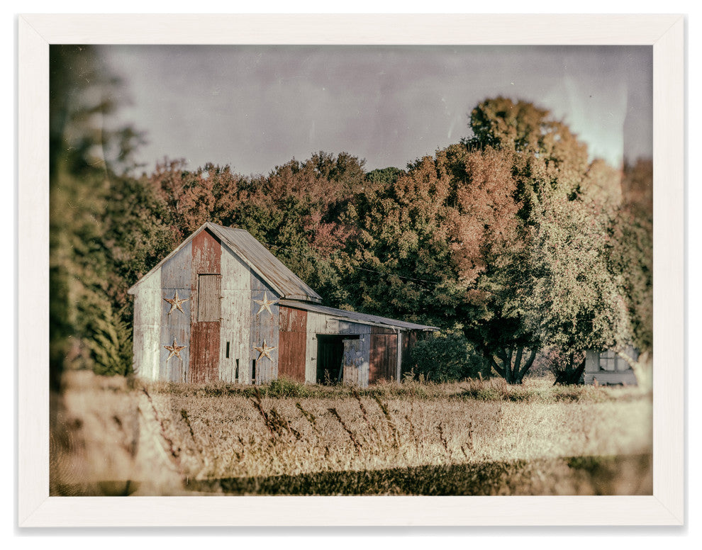 Patriotic Weathered Barn in Field Glass Plate Framed Photo Paper Wall Art Prints, White, 12" X 18"