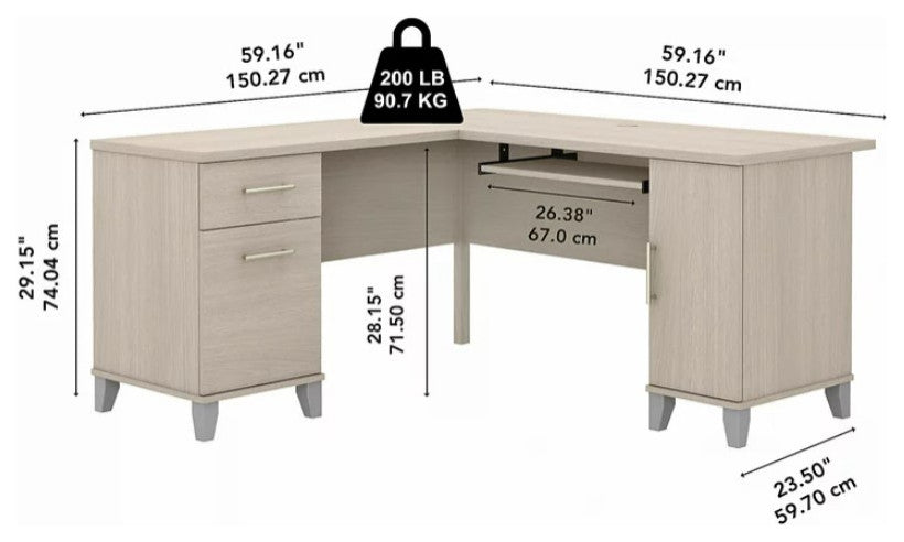 Transitional Desk, Corner Design With Cable Management & Drawers, Sand Oak