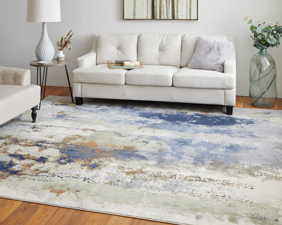 Takara Modern Abstract, Blue/Orange/Ivory, 10'x13'2" Area Rug