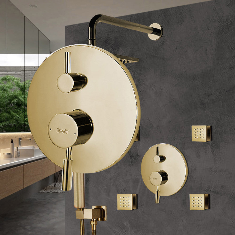 Bravat Brushed Gold Wall Mounted Square Shower Set, Valve Mixer 3-Way Concealed