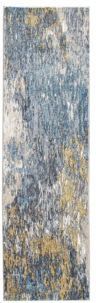 2"x7" Blue Gold Abstract Painting Modern Runner Rug