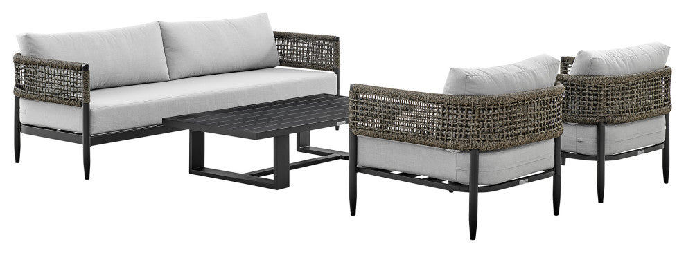 Felicia 4 Piece Outdoor Black Metal & Rope Chat Set With Light Gray Cushions