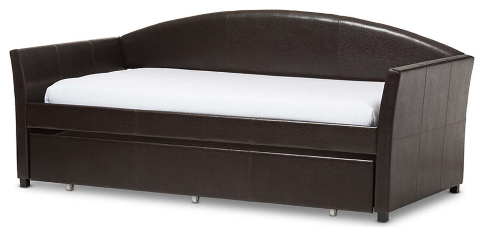 Jasper Faux Leather Arched Back Sofa Twin Daybed With Trundle Bed, Brown