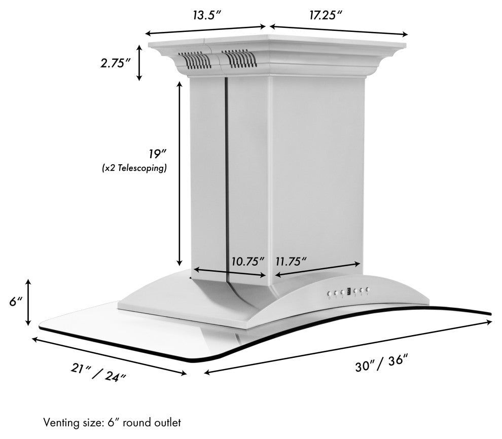 30" ZLINE CrownSound Ducted Island Range Hood, GL9iCRN-BT-30