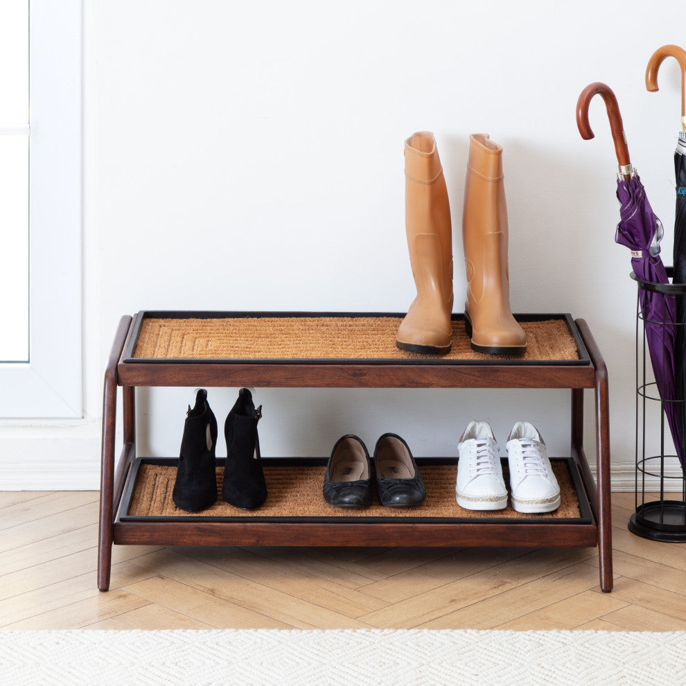 Double-Tier Brown Stand With 3-Pair Rubber Boot Trays Rectangle Ripple