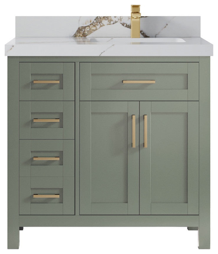 Cambridge 36" Right Offset Bath Vanity in Evergreen 2" Calacatta Gold