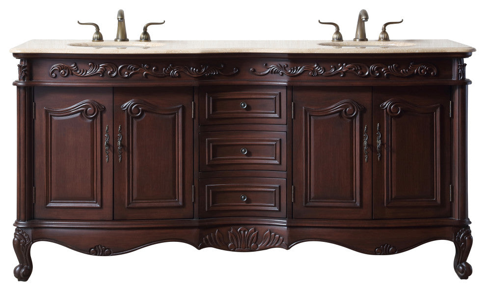 Cassandra 72" Dark Cherry Double Sink Bathroom Vanity, Travertine Marble Top