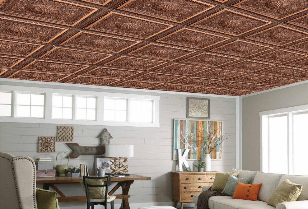 Antique Copper 3D Ceiling Panels, 2'x2', 40 Sq Ft, Pack of 10
