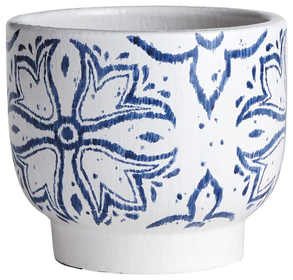Mediterranean Blue White Medallion Planter Round Graphic Floret Coastal Pottery