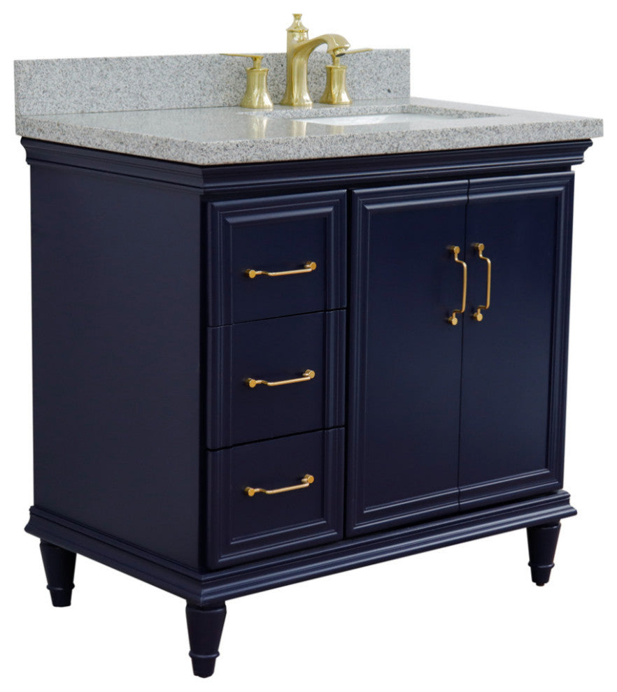 37" Single Vanity, Blue Finish With Gray Granite