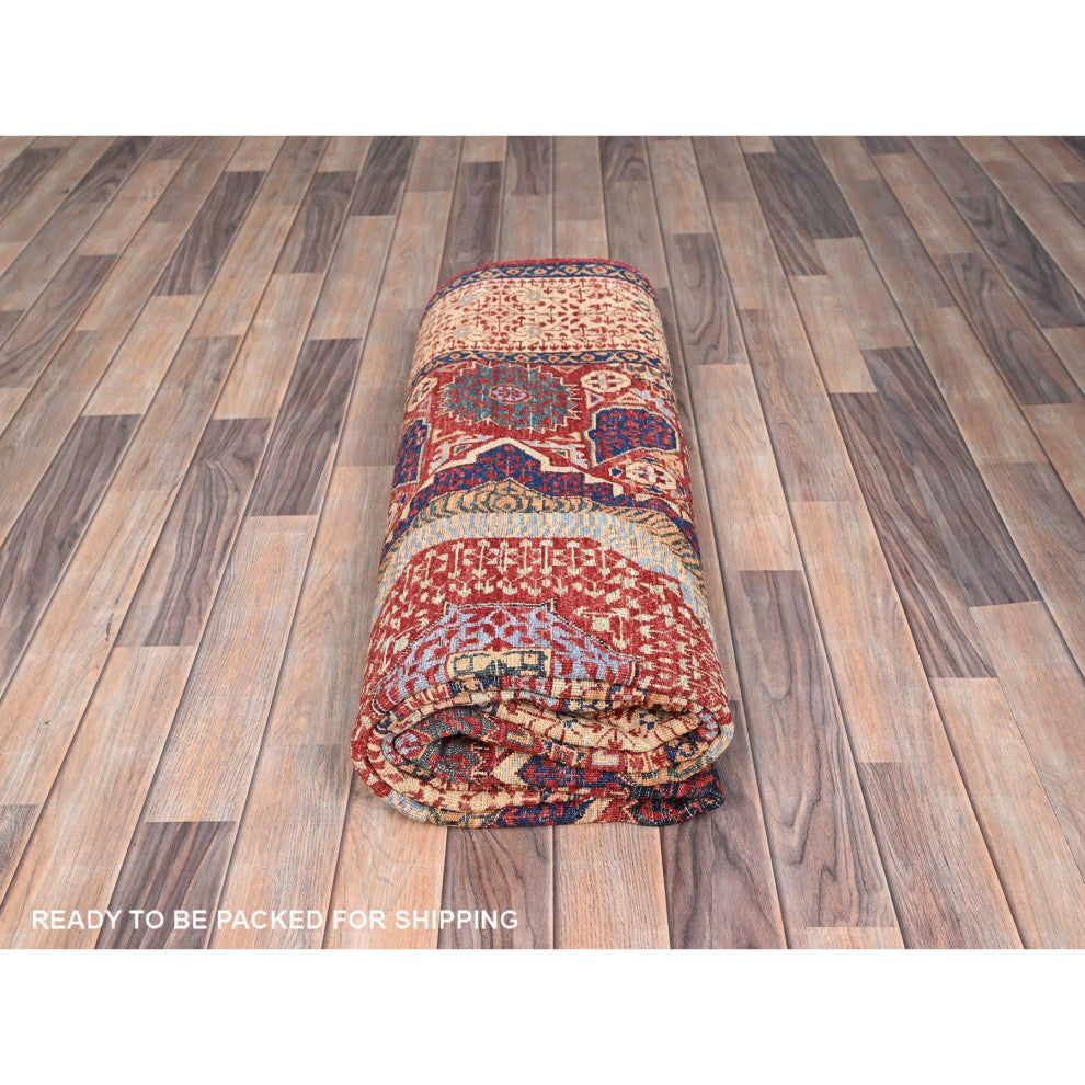 Vermilion Red Hand Knotted Mamluk Design 200 KPSI Natural Wool Rug 5'9"x9'7"