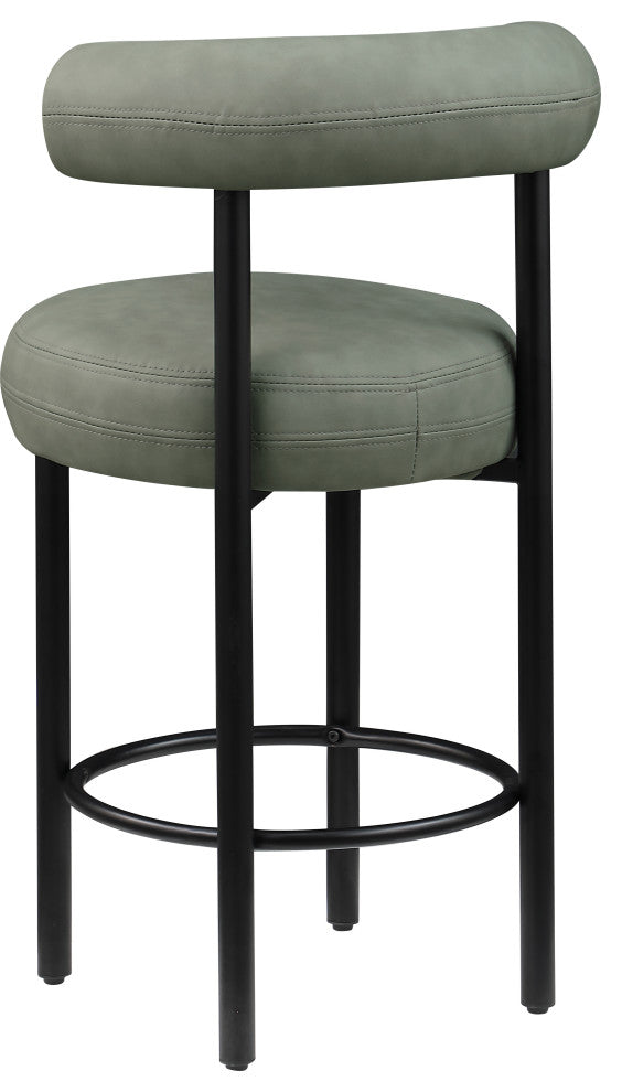 Bordeaux Upholstered Stool, Green, Vegan Leather, Matte Black, Set of 2