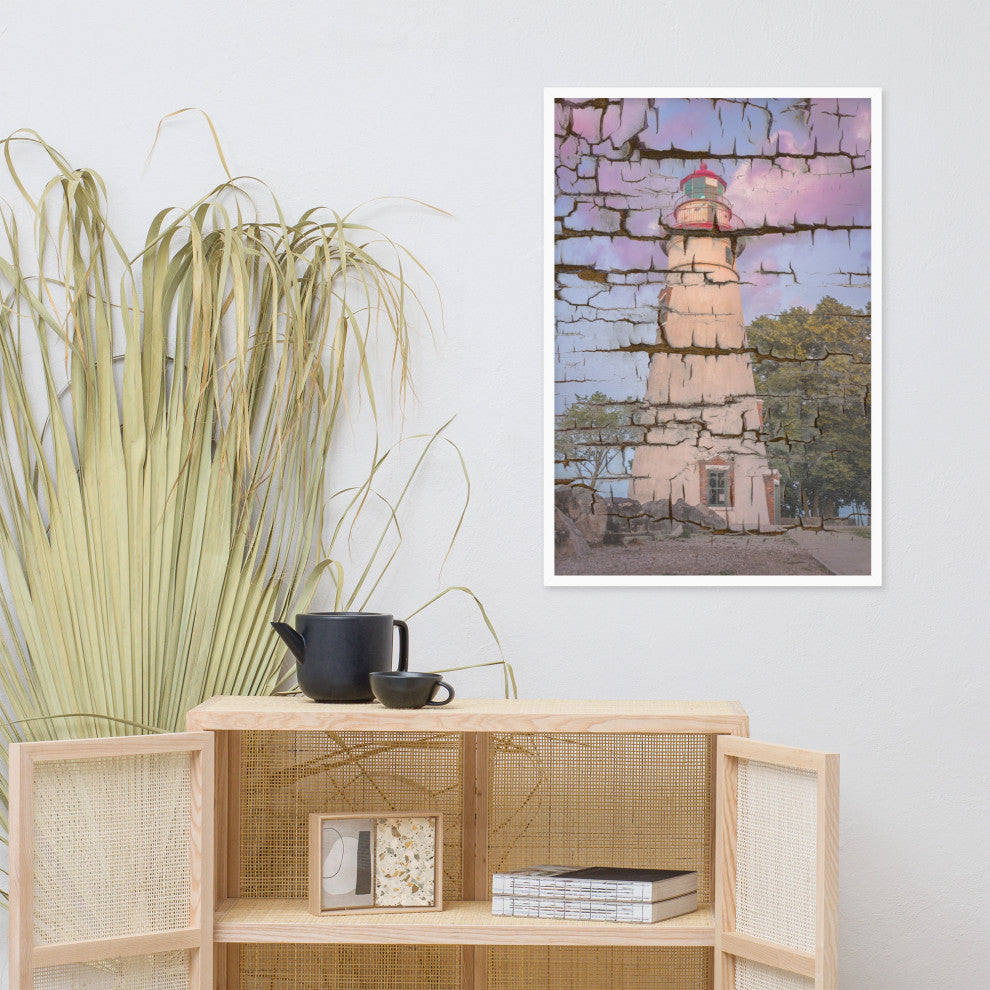 Faux Wood Texture Marblehead Lighthouse at Sunset Framed Photo Wall Art Print, White, 24" X 36"