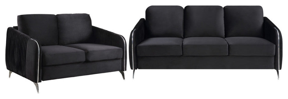 Hathaway Black Velvet Fabric Sofa Loveseat Living Room Set